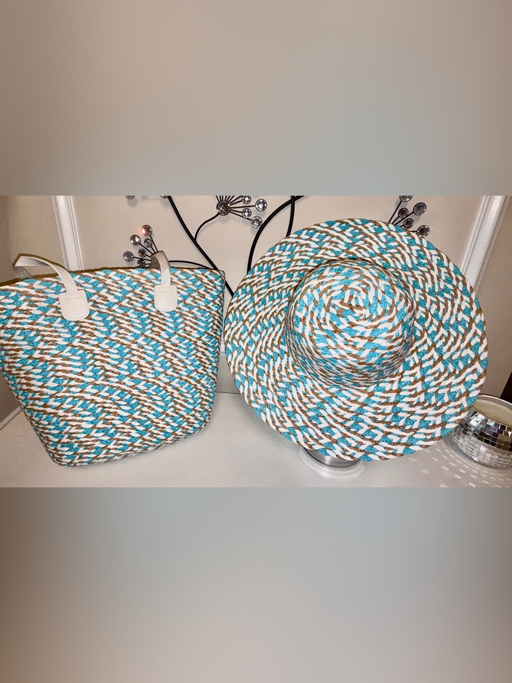 Woven Straw Tote and Wide-Brim Hat Set in Turquoise, White & Tan